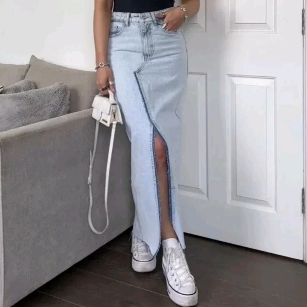 Zara Light Wash Denim Maxi Skirt with Front Slit